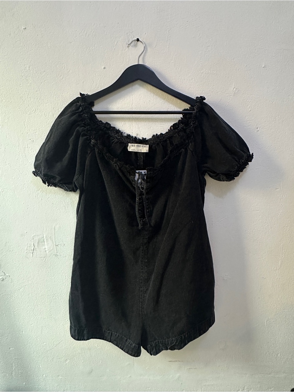Free People Black Romper Womens Small Puff Sleeve Lace Trim Boho Tie Front